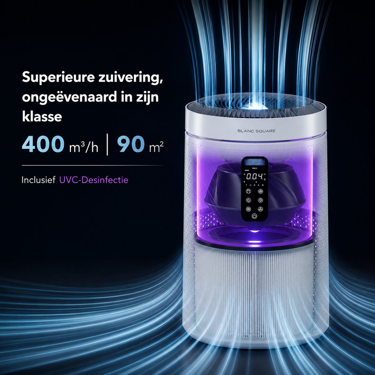 Blanc Square Luchtreiniger Pro - Air Purifier 5-laags met UV-Sterilisatie – HEPA 13 + Koolstoffilter – 400m³/h 90m² – Werkt tegen allergieën, pollen, geurtjes - 4+ Automatische modussen met Luchtkwaliteit-indicator - Clean Air diffuser