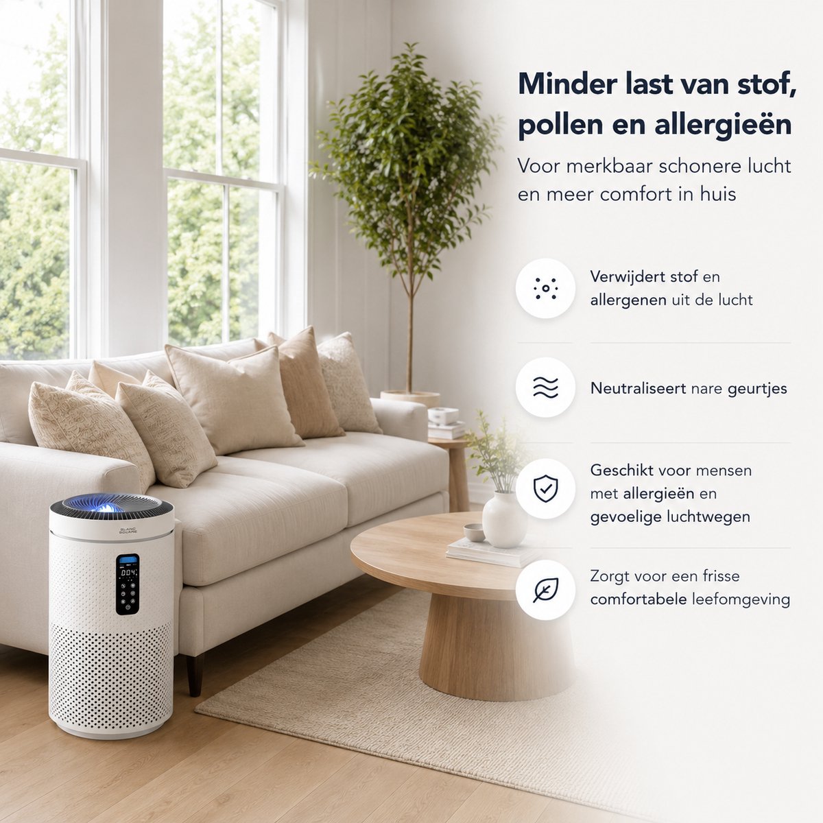 Blanc Square Luchtreiniger Pro - Air Purifier 5-laags met UV-Sterilisatie – HEPA 13 + Koolstoffilter – 400m³/h 90m² – Werkt tegen allergieën, pollen, geurtjes - 4+ Automatische modussen met Luchtkwaliteit-indicator - Clean Air diffuser
