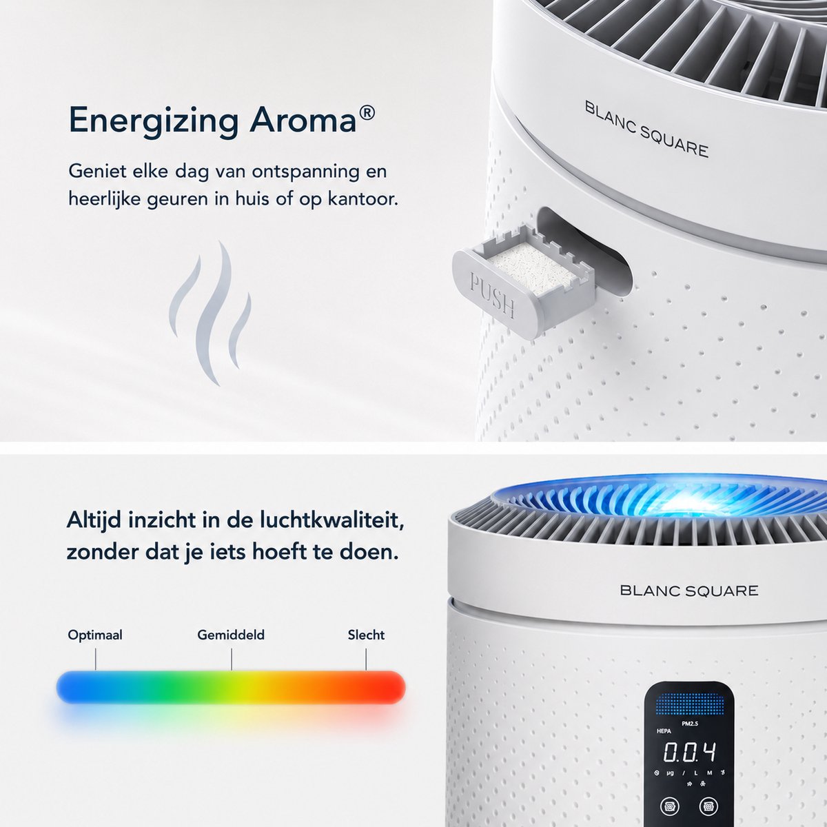 Blanc Square Luchtreiniger Pro - Air Purifier 5-laags met UV-Sterilisatie – HEPA 13 + Koolstoffilter – 400m³/h 90m² – Werkt tegen allergieën, pollen, geurtjes - 4+ Automatische modussen met Luchtkwaliteit-indicator - Clean Air diffuser