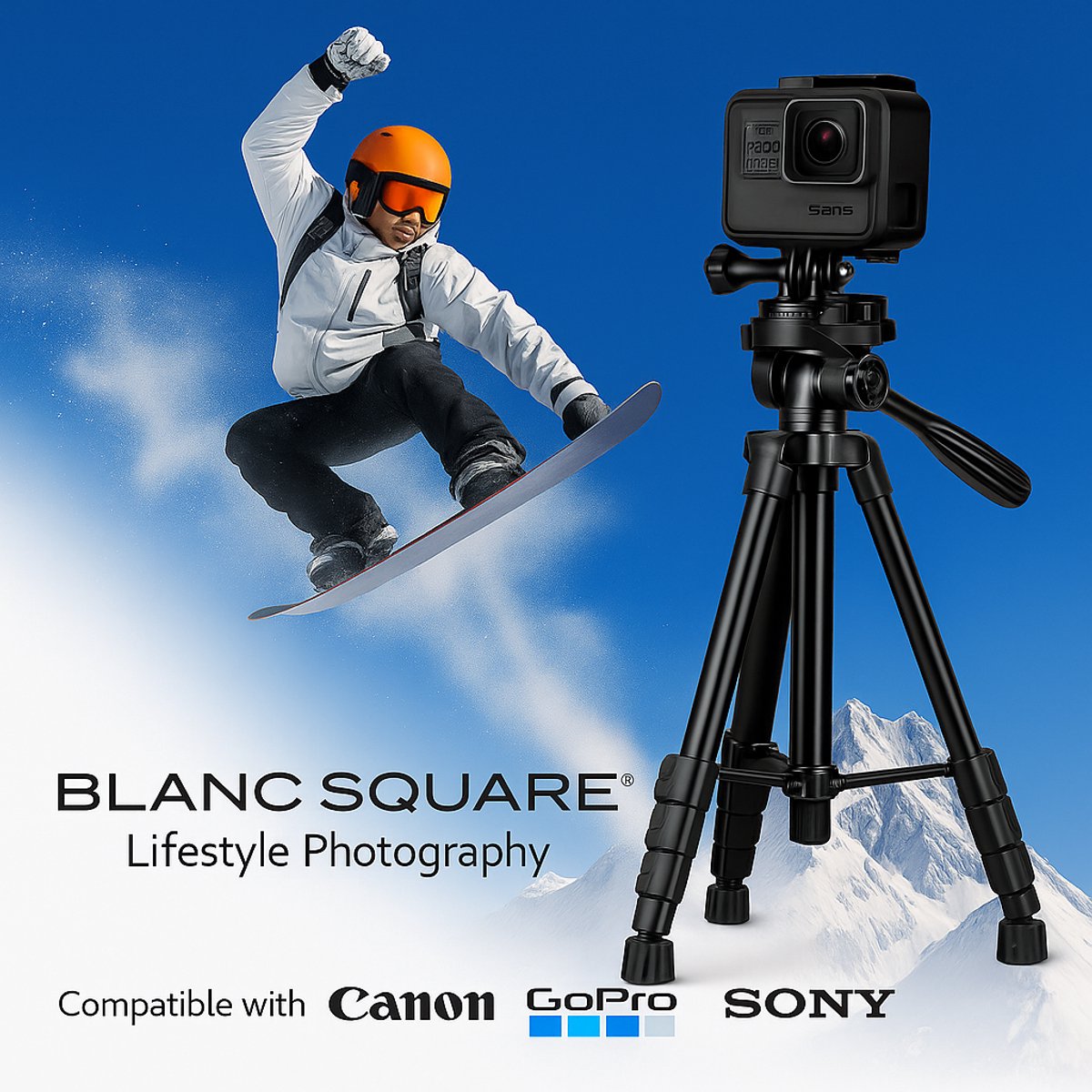 Blanc Square Camera Tripod Pro – Stativ mit Smartphone-Halterung – 172 cm Höhe – Kompatibel mit Sony, Canon und Nikon – Universelles DSLR-Kamerastativ – Inklusive Bluetooth-Fernbedienung