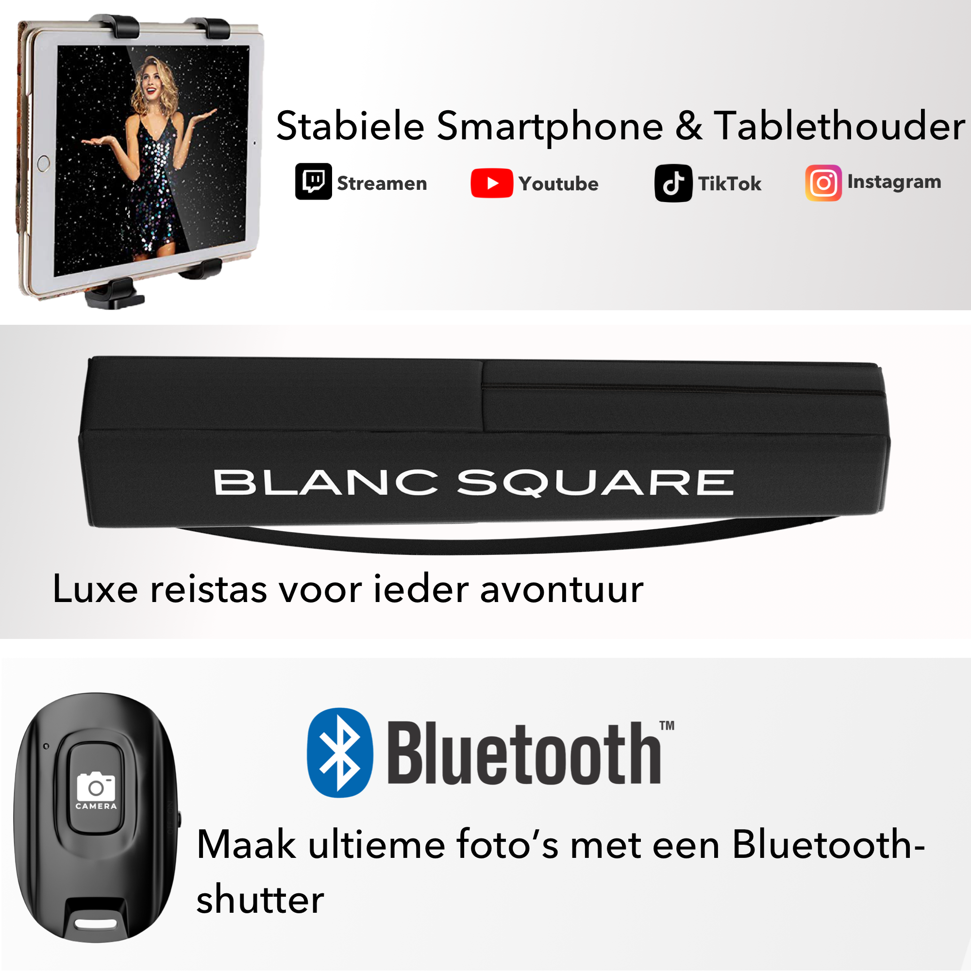 Blanc Square Camera Tripod Pro – Stativ mit Smartphone-Halterung – 172 cm Höhe – Kompatibel mit Sony, Canon und Nikon – Universelles DSLR-Kamerastativ – Inklusive Bluetooth-Fernbedienung