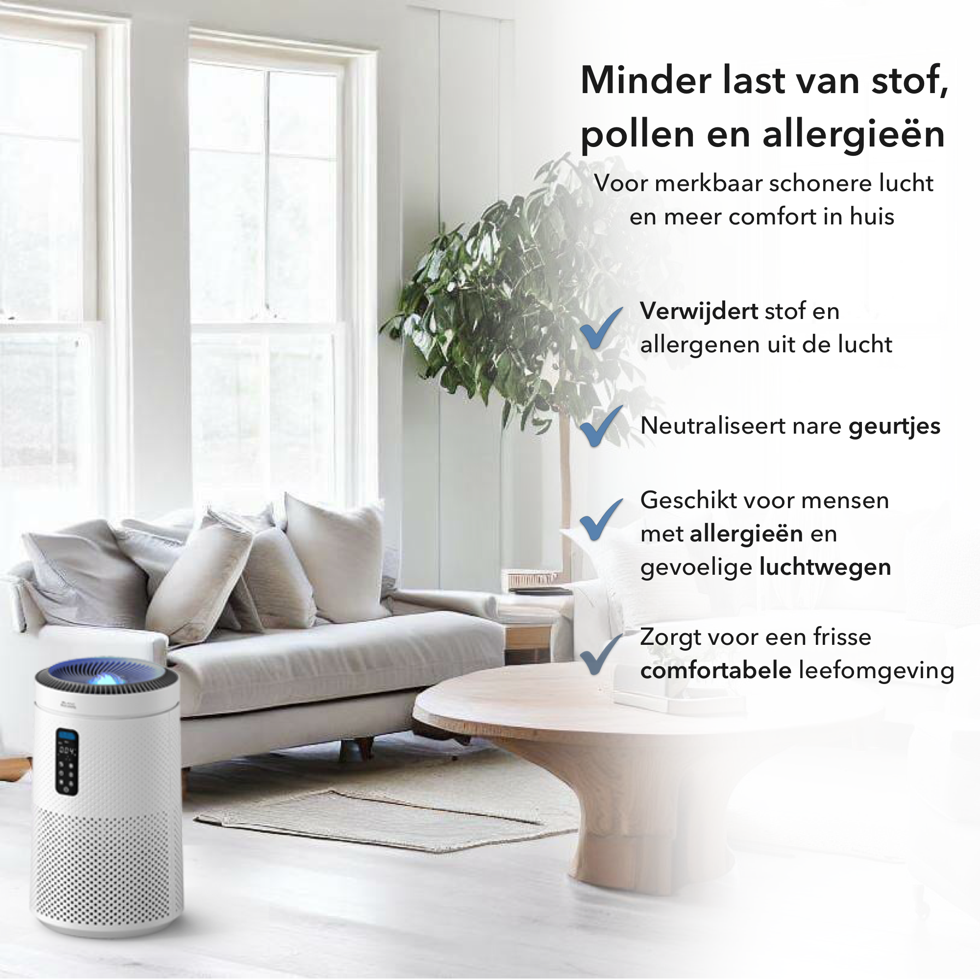 Blanc Square Luchtreiniger Pro - Air Purifier 5-laags met UV-Sterilisatie – HEPA 13 + Koolstoffilter – 400m³/h 90m² – Werkt tegen allergieën, pollen, geurtjes - 4+ Automatische modussen met Luchtkwaliteit-indicator - Clean Air diffuser