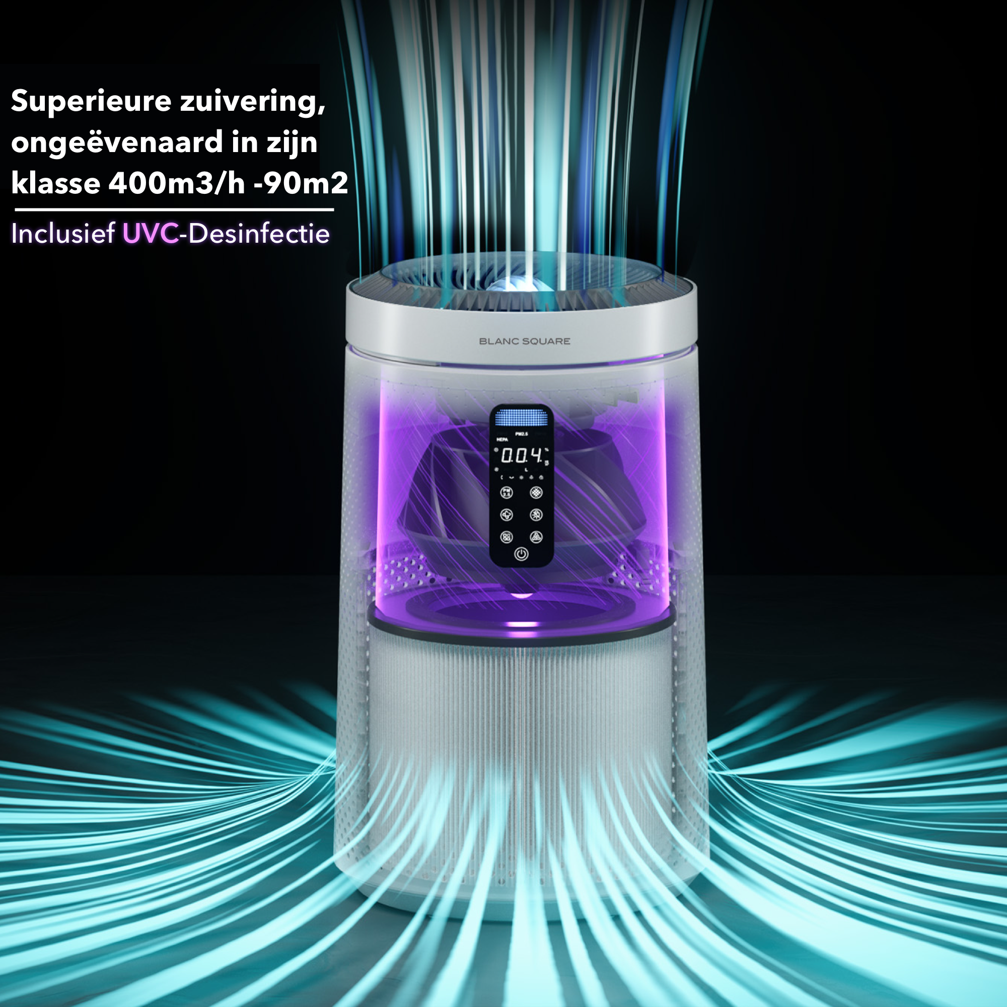 Blanc Square Luchtreiniger Pro - Air Purifier 5-laags met UV-Sterilisatie – HEPA 13 + Koolstoffilter – 400m³/h 90m² – Werkt tegen allergieën, pollen, geurtjes - 4+ Automatische modussen met Luchtkwaliteit-indicator - Clean Air diffuser