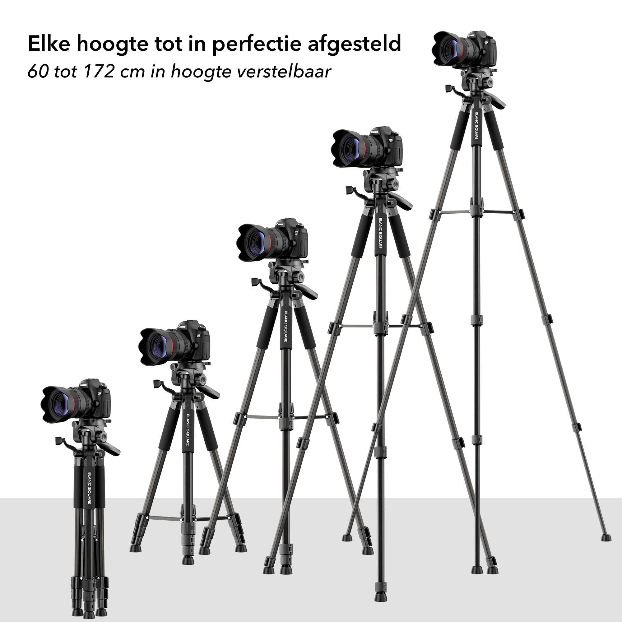 Blanc Square Camera Tripod Pro – Stativ mit Smartphone-Halterung – 172 cm Höhe – Kompatibel mit Sony, Canon und Nikon – Universelles DSLR-Kamerastativ – Inklusive Bluetooth-Fernbedienung
