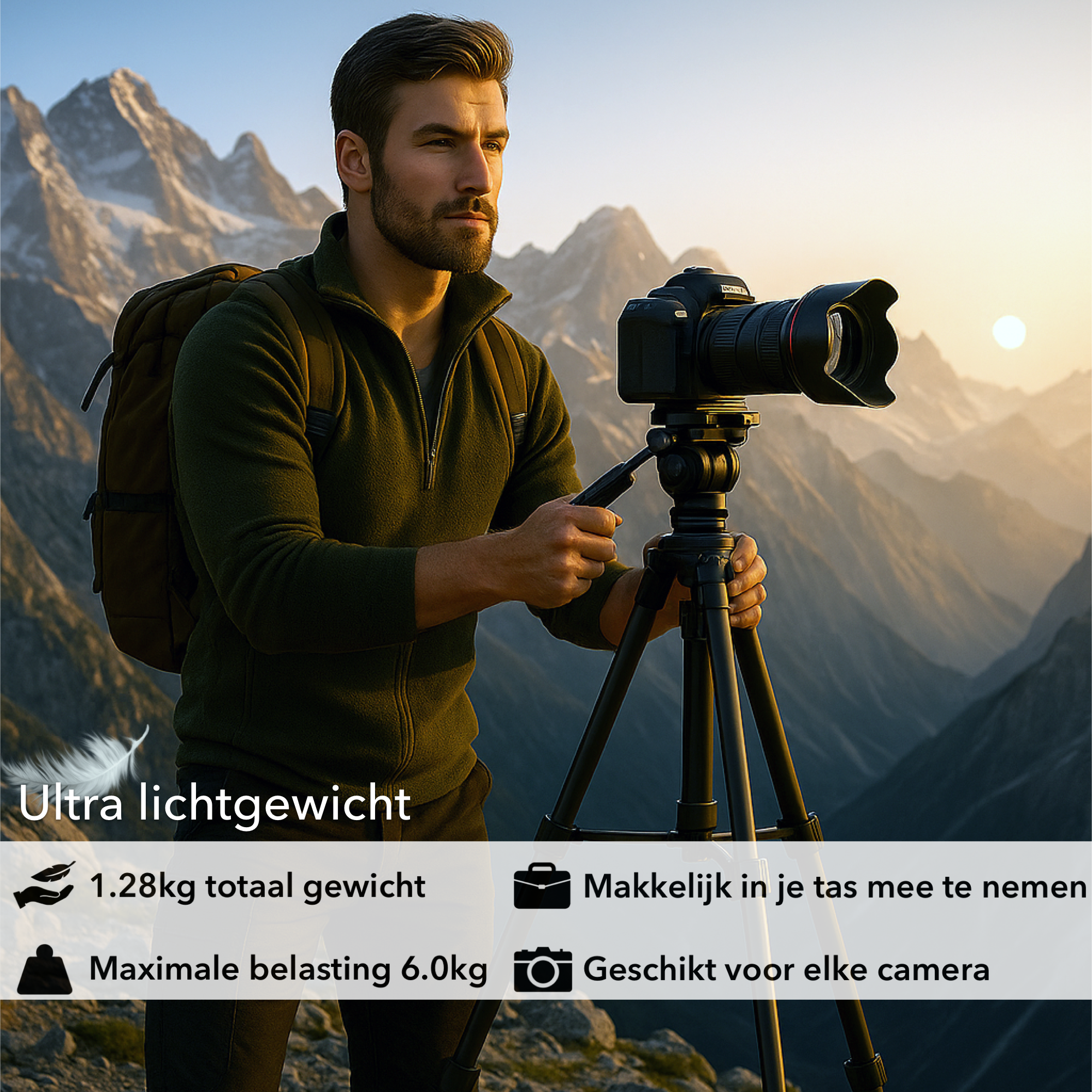 Blanc Square Camera Tripod Pro – Stativ mit Smartphone-Halterung – 172 cm Höhe – Kompatibel mit Sony, Canon und Nikon – Universelles DSLR-Kamerastativ – Inklusive Bluetooth-Fernbedienung