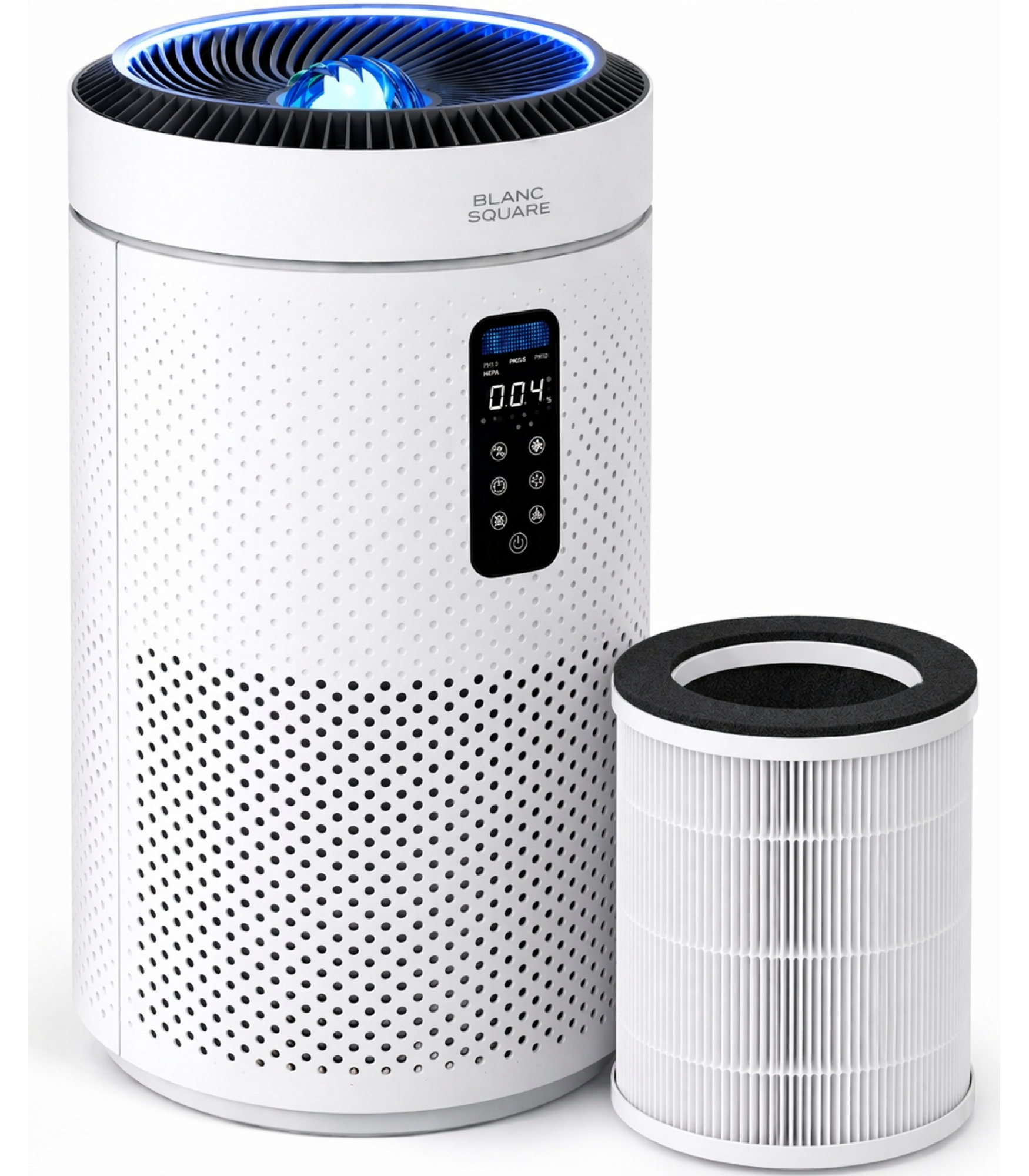 Blanc Square Luftreiniger Pro – 5-stufige UV-Sterilisation – HEPA-13- und Aktivkohlefilter – 400 m³/h für Räume bis zu 90 m² – Entfernt Allergene, Pollen und Gerüche – Automatikprogramme mit Luftqualitätsanzeige – Luftreinigerdiffusor