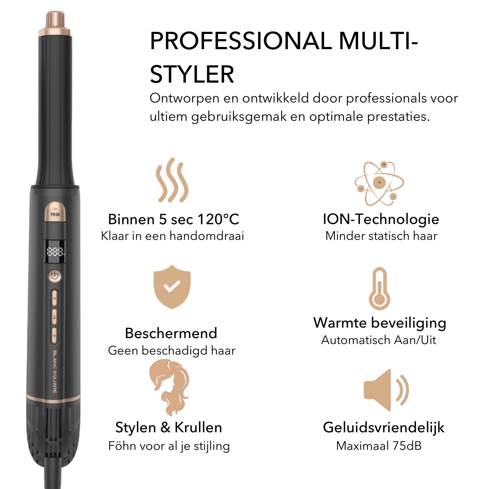 Blanc Square Airstyler – Multistyler Pro – Föhnbürste und Lockenbürste – 5-in-1 Lockenstab – Haarstyler – Heißluftbürste – Haarwickel – Inklusive Diffusor und Aufbewahrungsetui