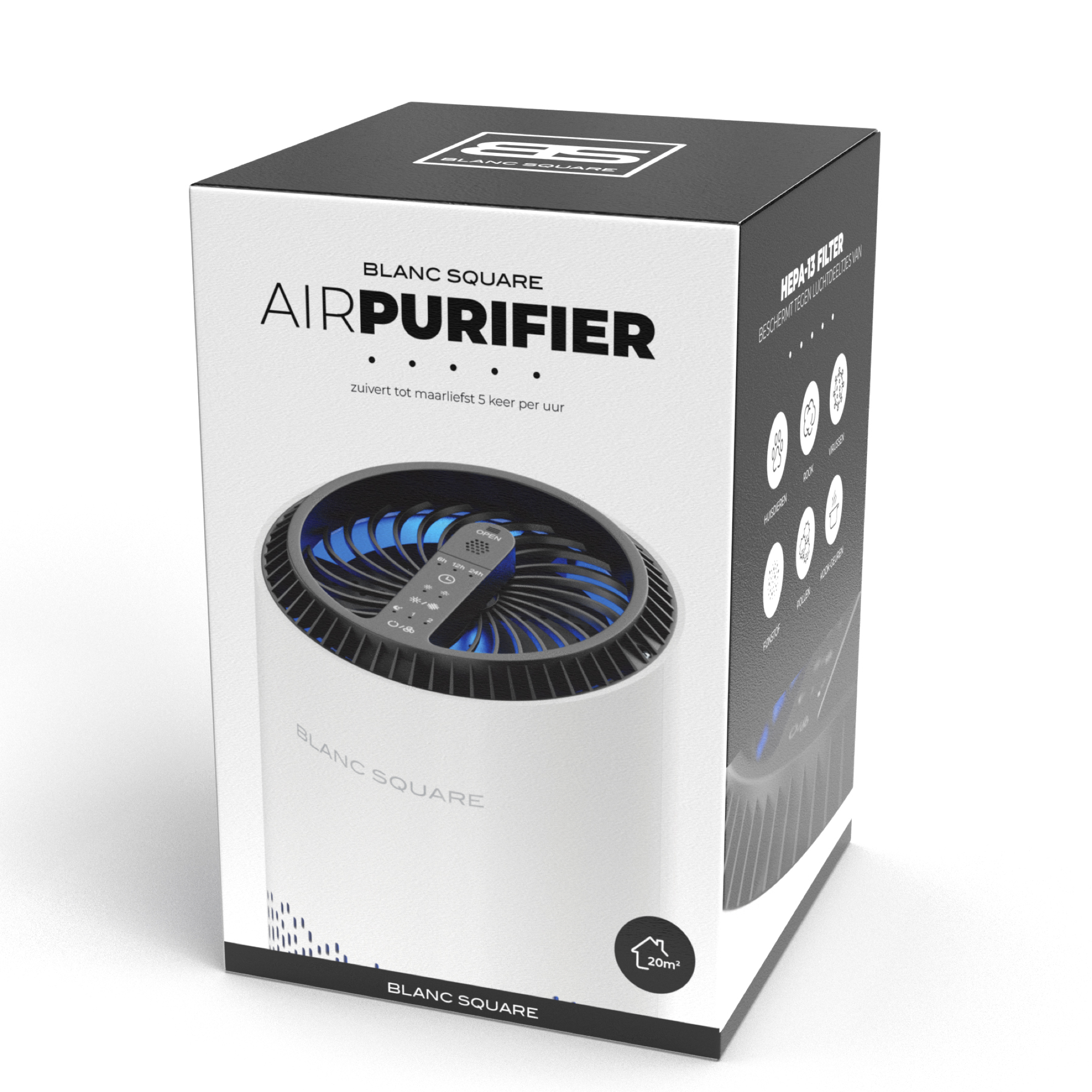 Blanc Square Luftreiniger Pro – mit HEPA-13-Filter und Aktivkohlefilter – Entfernt 99,7 % der Allergene (Heuschnupfen, Hausstaubmilben) – Schlafmodus – Luftreiniger