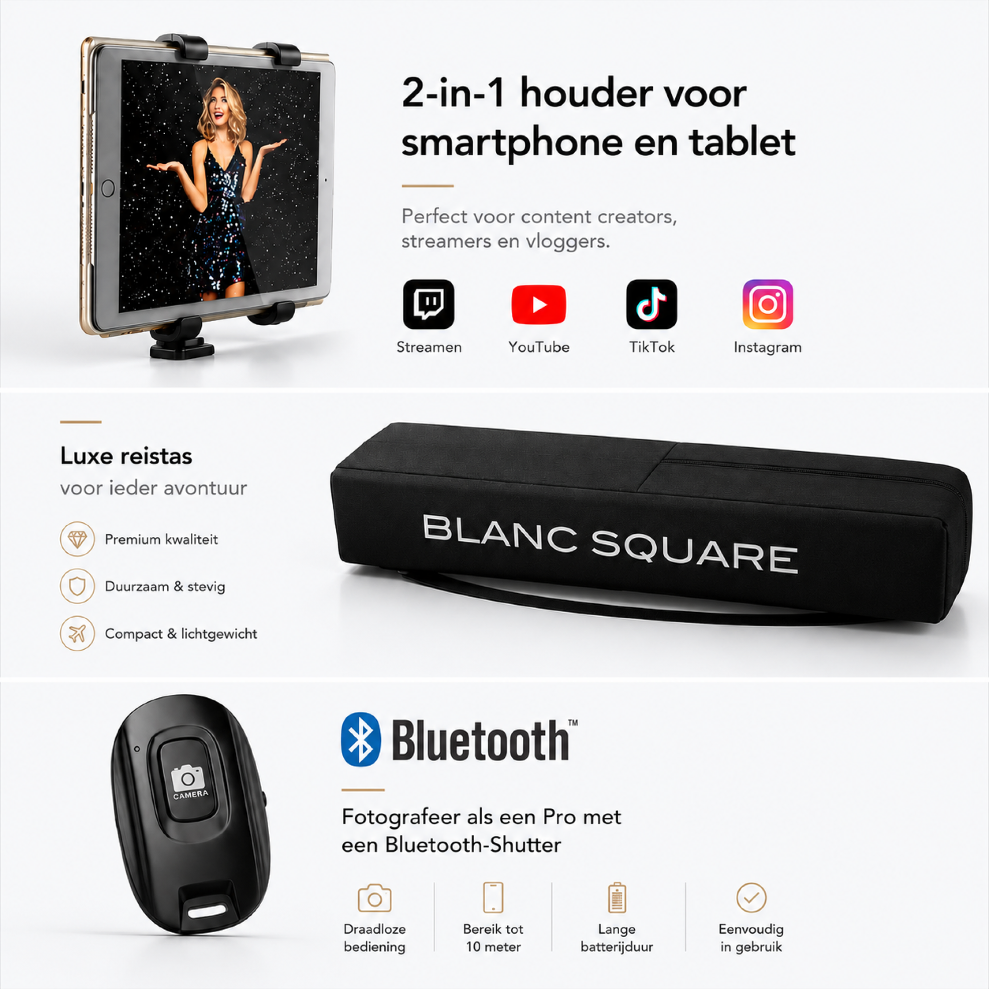 Blanc Square Camera statief Pro - Tripod met Smartphone telefoon houder - 172cm Hoog - Sony Canon Nikon - Spiegelreflex DSLR Camera Standaard universeel - Incl Bluetooth