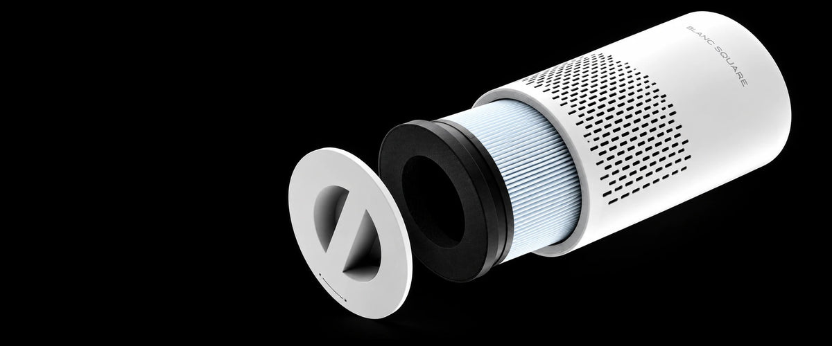 Exploded view BLANC SQUARE Luchtreiniger Pro: bodemplaat, HEPA 13 filter en behuizing