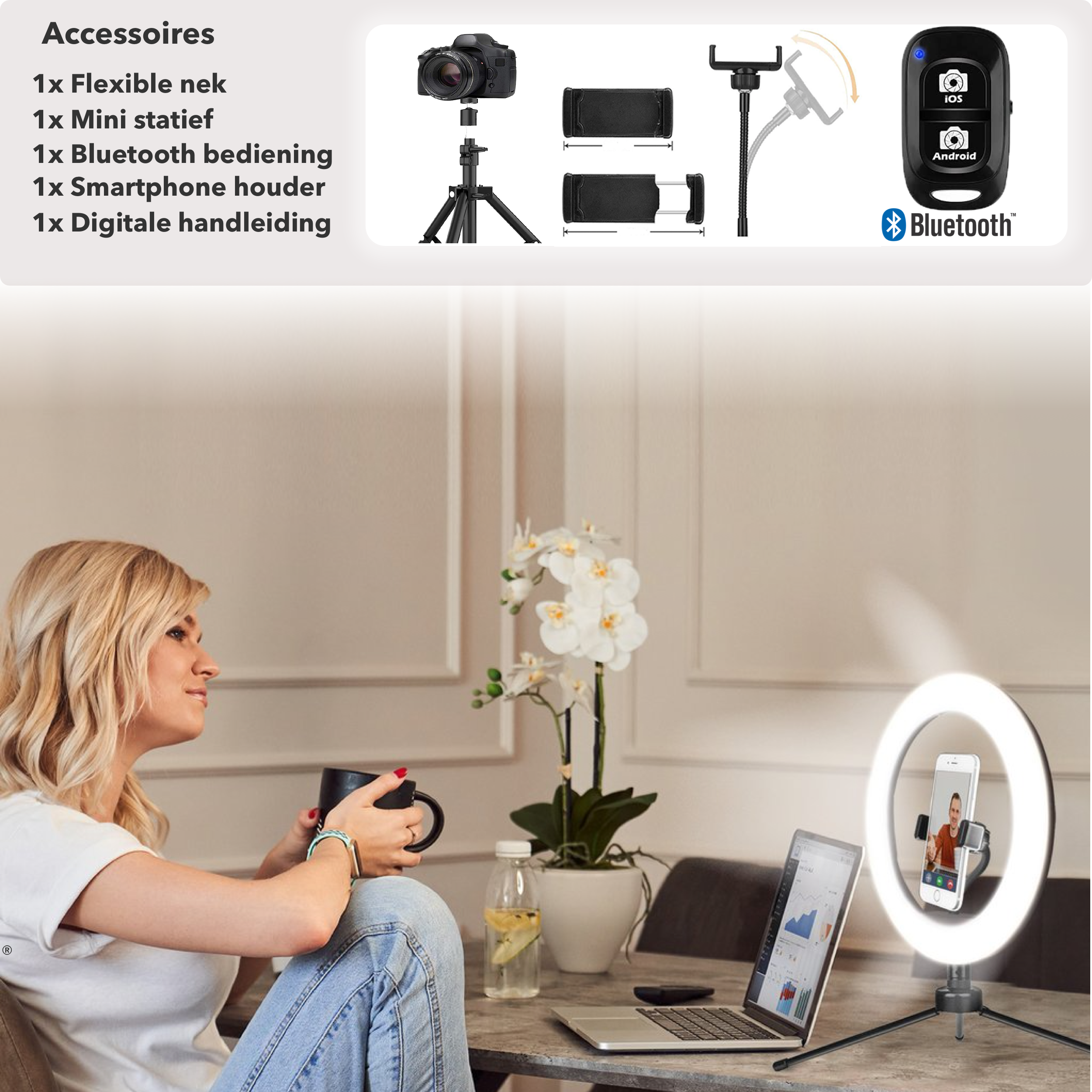 Ringlamp met Statief Smartphone BS® - 10’ Pro LED 210cm Verstelbaar