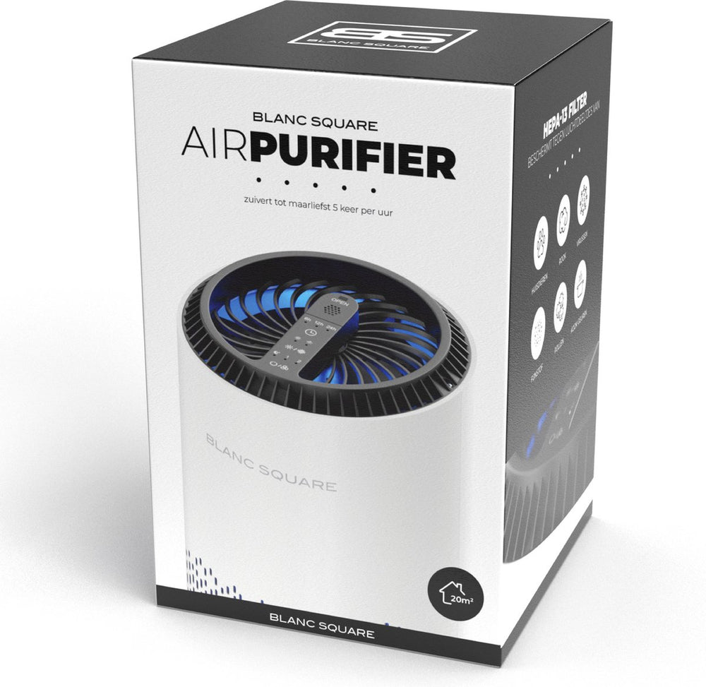 Verpakking BLANC SQUARE Air Purifier met HEPA 13 filter, zuivert tot 5 keer per uur