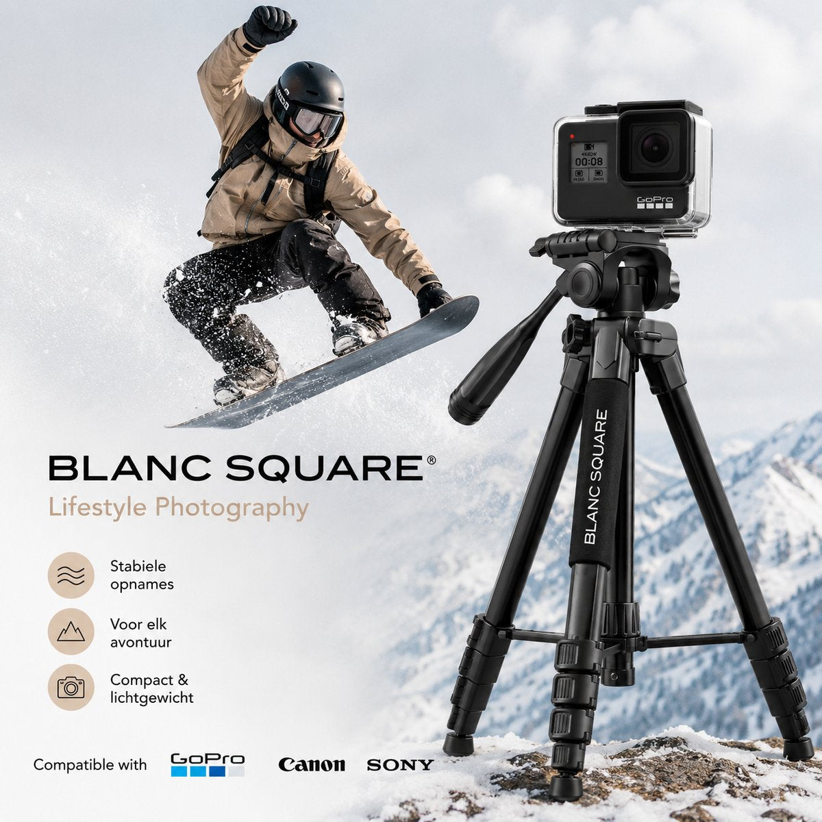 Blanc Square Camera statief Pro - Tripod met Smartphone telefoon houder - 172cm Hoog - Sony Canon Nikon - Spiegelreflex DSLR Camera Standaard universeel - Incl Bluetooth
