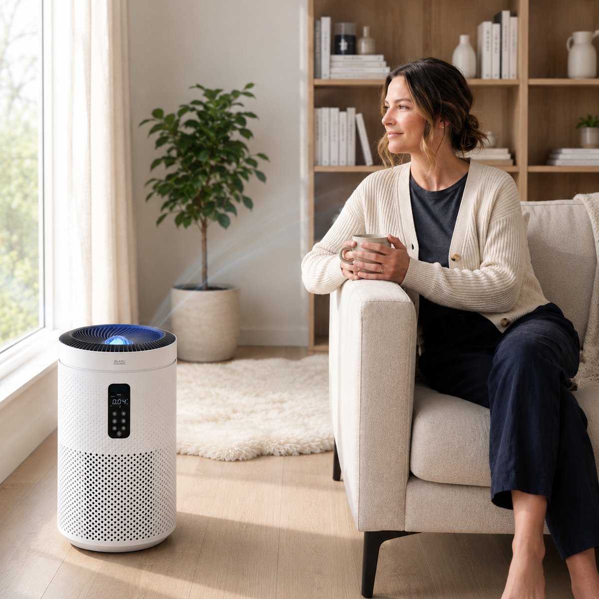 Blanc Square Luchtreiniger Pro - Air Purifier 5-laags met UV-Sterilisatie – HEPA 13 + Koolstoffilter – 400m³/h 90m² – Werkt tegen allergieën, pollen, geurtjes - 4+ Automatische modussen met Luchtkwaliteit-indicator - Clean Air diffuser
