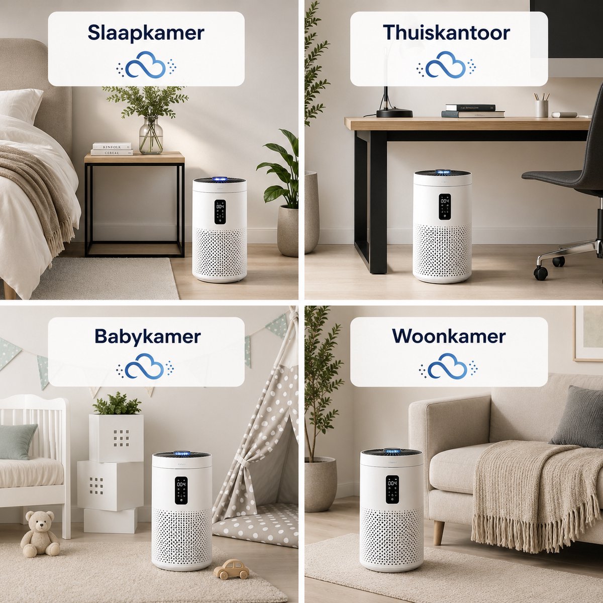 Blanc Square Luchtreiniger Pro - Air Purifier 5-laags met UV-Sterilisatie – HEPA 13 + Koolstoffilter – 400m³/h 90m² – Werkt tegen allergieën, pollen, geurtjes - 4+ Automatische modussen met Luchtkwaliteit-indicator - Clean Air diffuser
