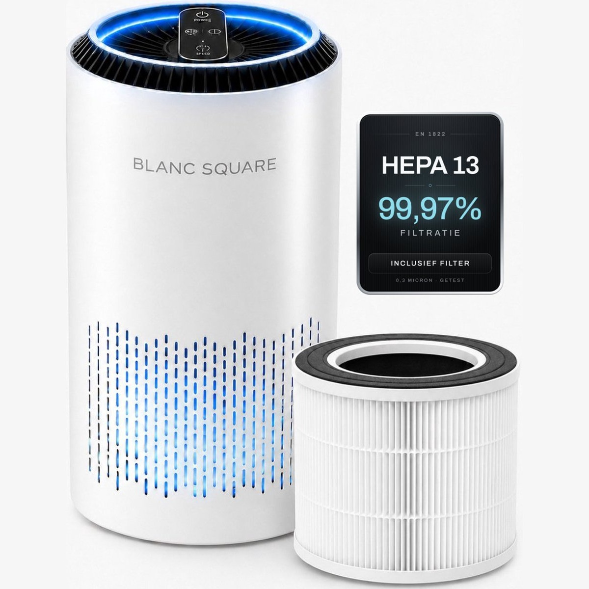 BLANC SQUARE Luchtreiniger Pro met HEPA 13 filter en display met luchtkwaliteit 99,97%