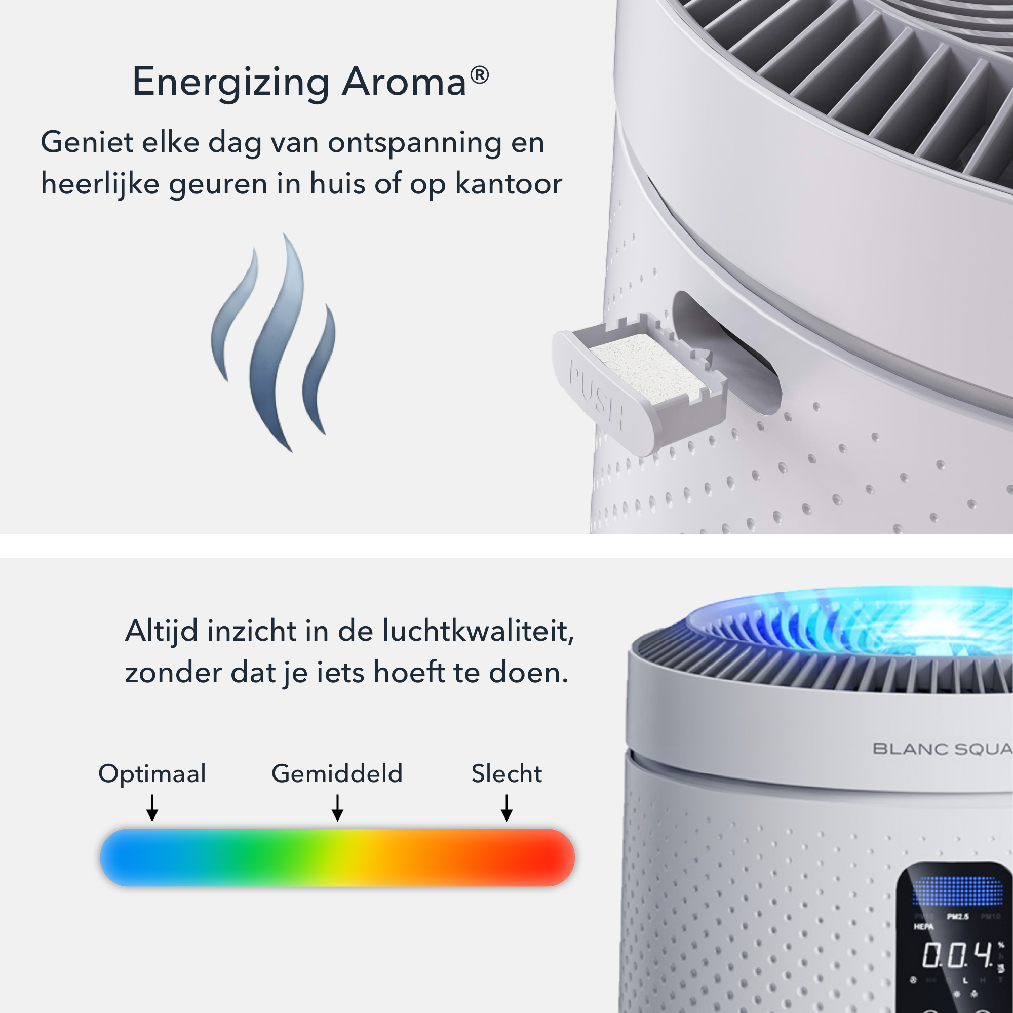 Blanc Square Luchtreiniger Pro - Air Purifier 5-laags met UV-Sterilisatie – HEPA 13 + Koolstoffilter – 400m³/h 90m² – Werkt tegen allergieën, pollen, geurtjes - 4+ Automatische modussen met Luchtkwaliteit-indicator - Clean Air diffuser
