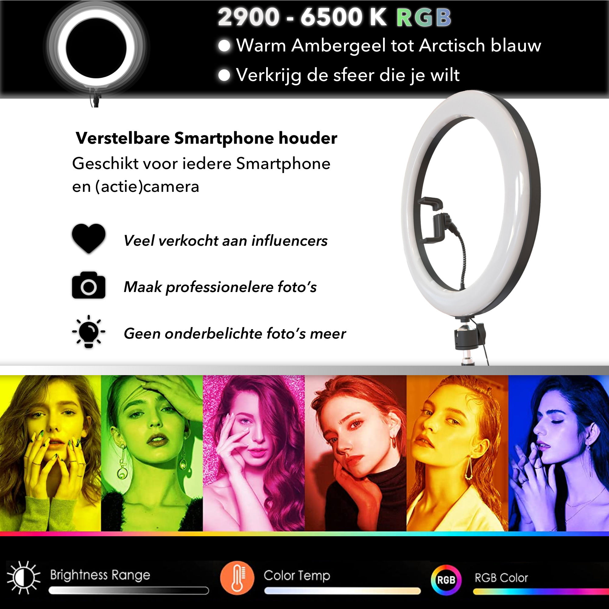 RGB Ringlamp met statief Smartphone 