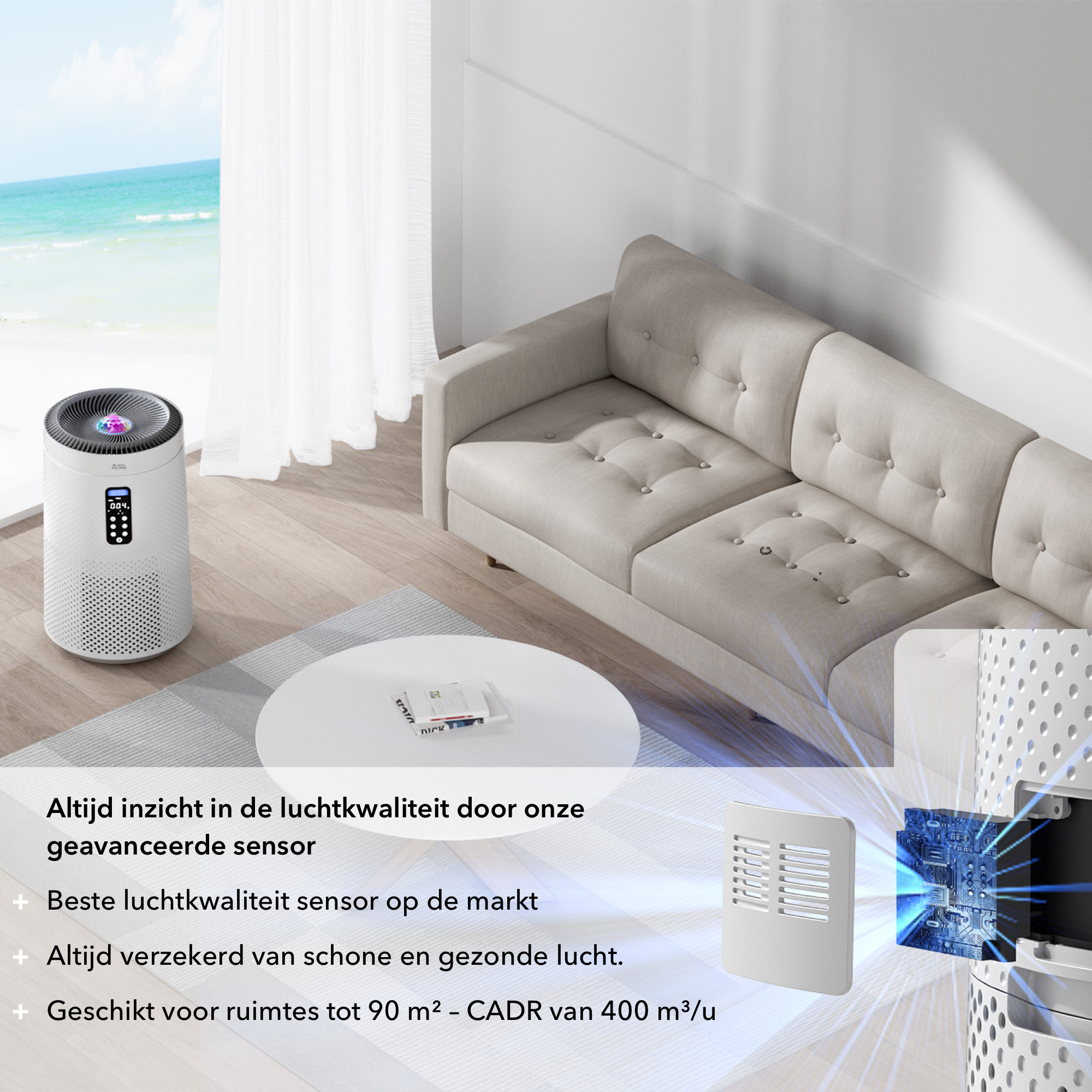 Blanc Square Luchtreiniger Pro - Air Purifier 5-laags met UV-Sterilisatie – HEPA 13 + Koolstoffilter – 400m³/h 90m² – Werkt tegen allergieën, pollen, geurtjes - 4+ Automatische modussen met Luchtkwaliteit-indicator - Clean Air diffuser
