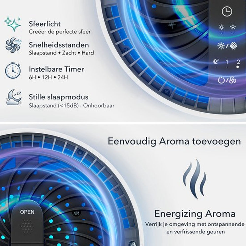 Functies luchtreiniger: sfeerlicht, drie snelheidsstanden, instelbare timer, slaapmodus en aromafunctie