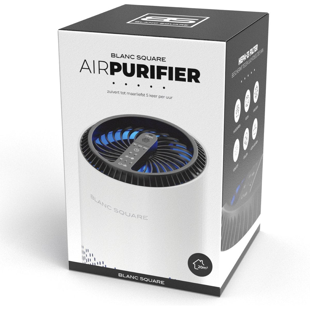 Verpakking BLANC SQUARE Air Purifier met HEPA 13 filter, zuivert tot 5 keer per uur